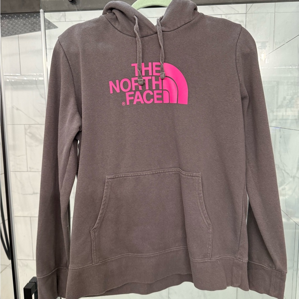 The North Face Chocolate Hoodie with Vibrant Pink Logo